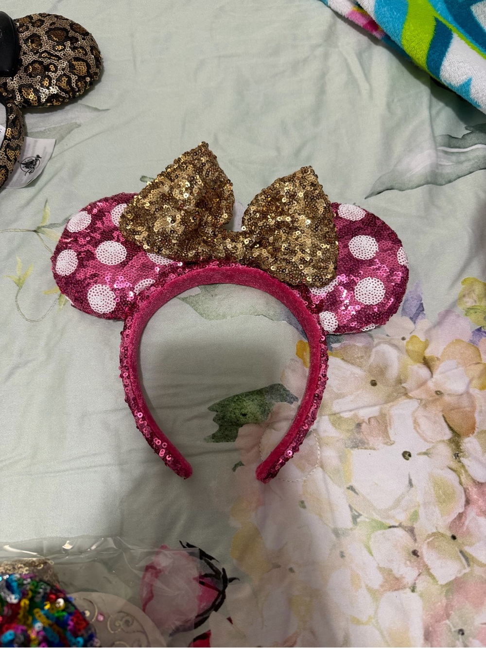 Disney Hot Pink Sequin Minnie Ear Headband with Gold Bow